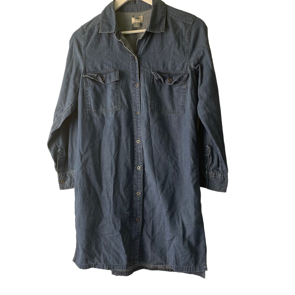 Old Navy Blue Soft Denim Jeans Button Down High Low Hem Dress w Collar - S